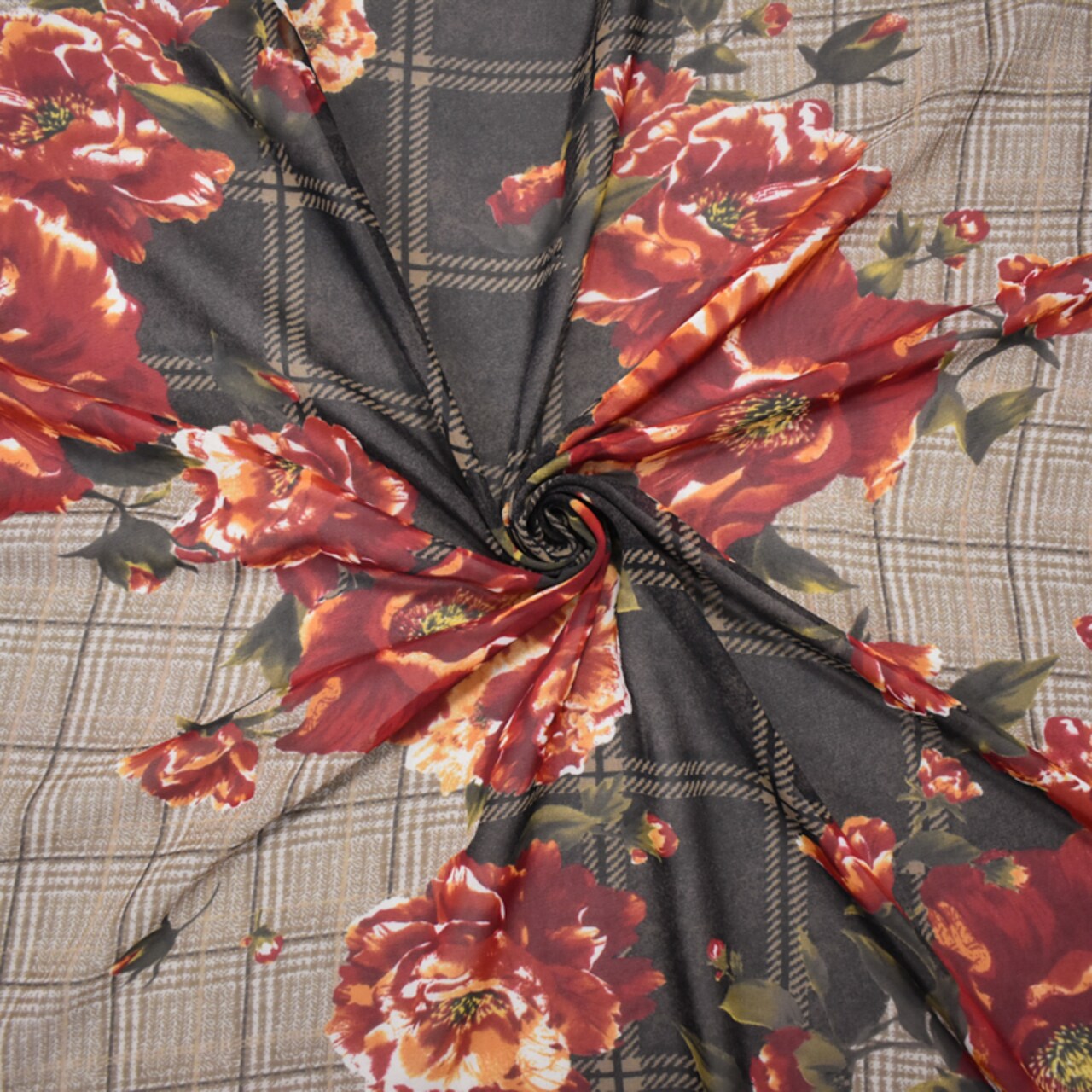 Beige-Red-Multi Poly Plaid Floral Printed Chiffon Woven Fabric By the Yard